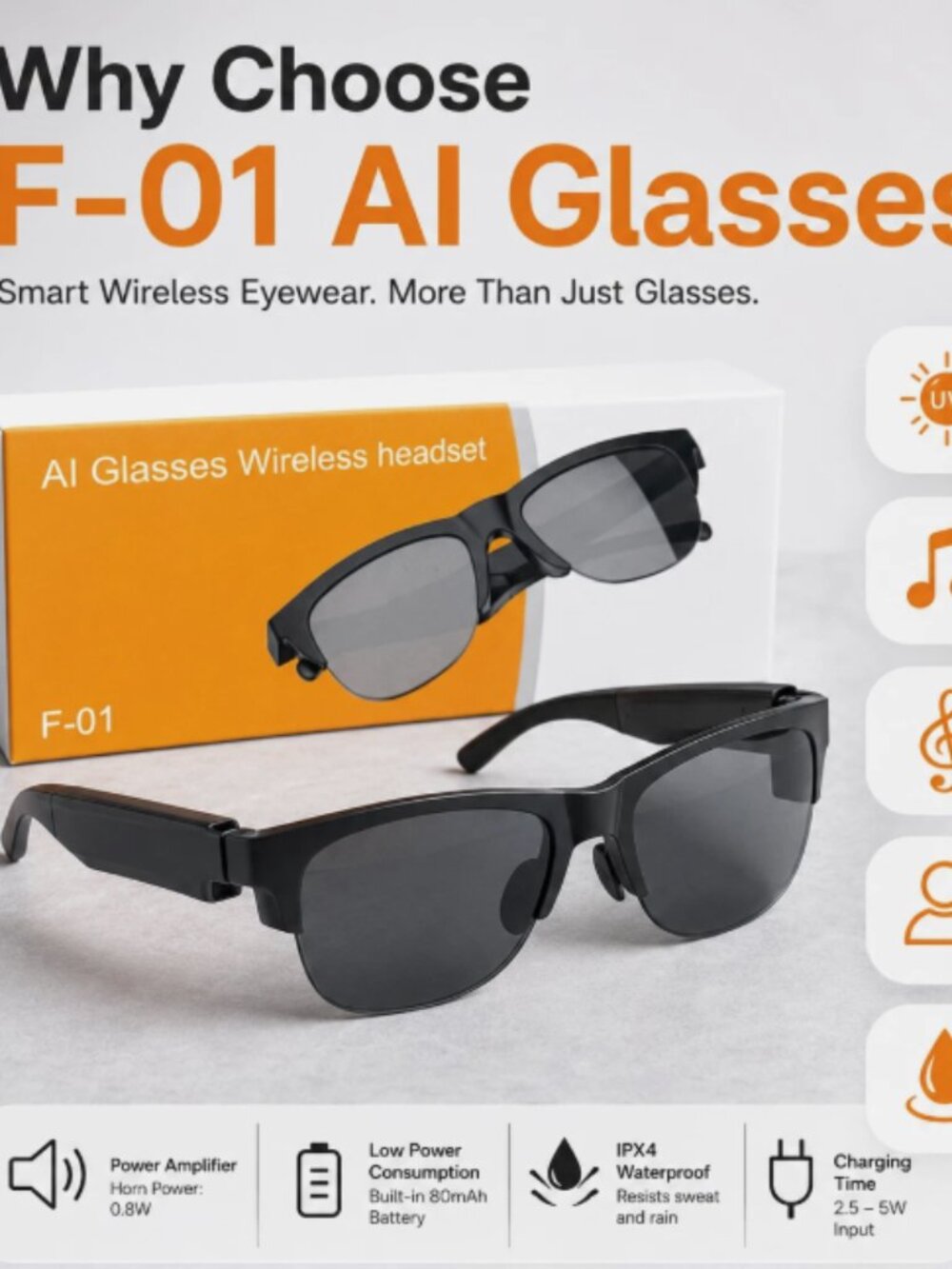F01 Smart Audio Sunglasses, Open Ear Bluetooth Glasses